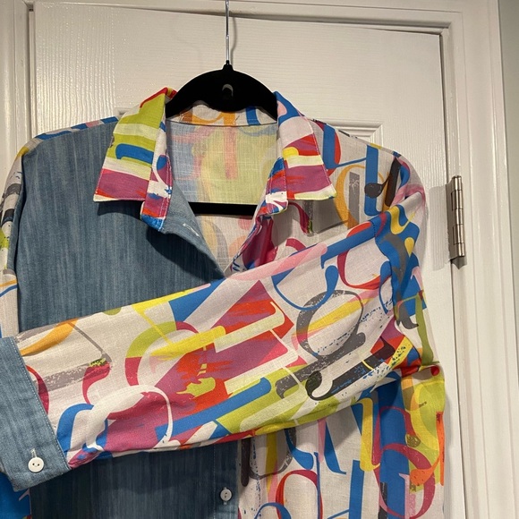 VTG Colorful Alphabet Blue Colorblock Size 2X Button Down Collared Shirt - Picture 3 of 10